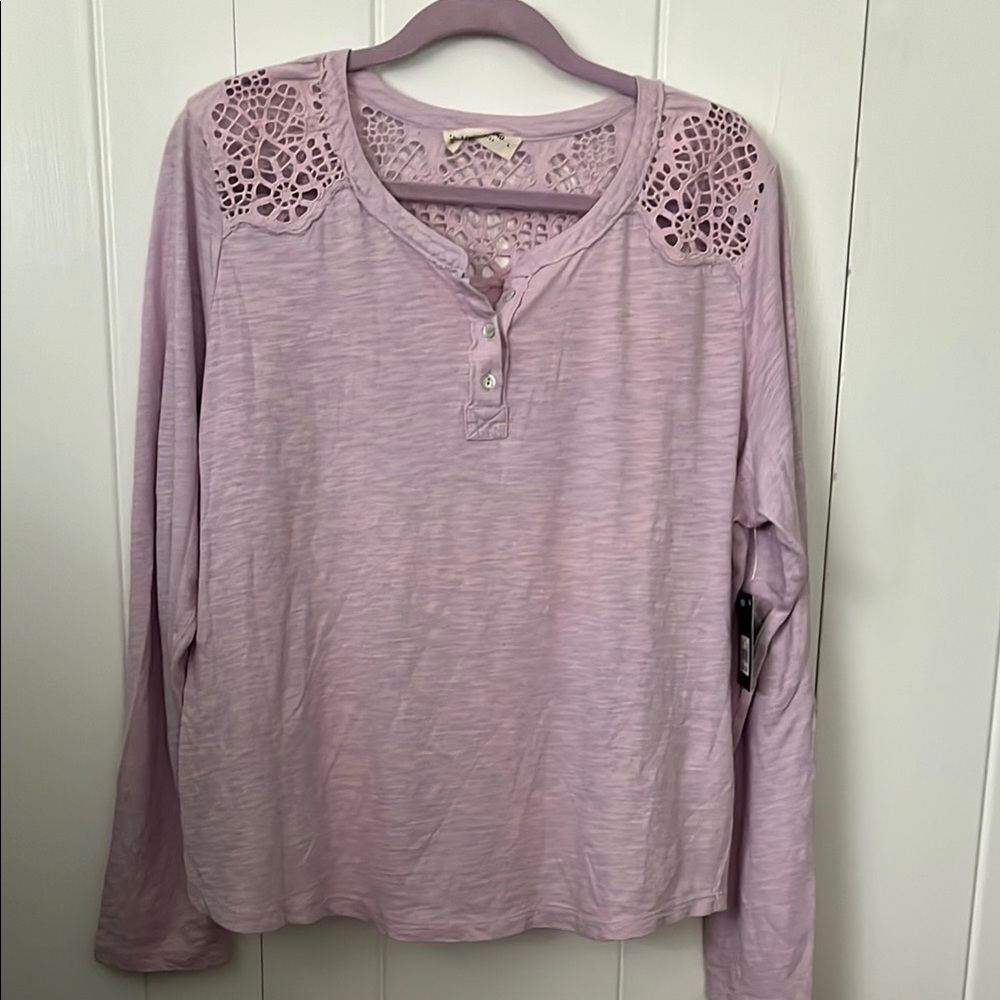 Lucky Brand Pink Crochet Buttoned Polo Blouse